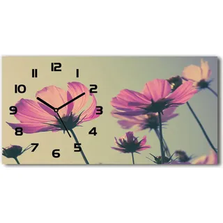 Wanduhr aus Glas – 60x30 cm - Glasbild - Glasuhr - Gehärtetes Glas - schwarze-zeiger - Pinke Blumen