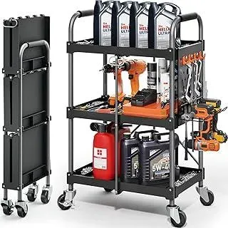 KINGRACK 3-Ebenen servierwagen klappbar mit Rollen ergonomischem Griff, klappbar Allzweck-Dienstwagen mit Organizer-Regal, praktisch für Haushalt, Büro, Garage, Lager Reparaturwerkstatt, schwarz. - Schwarz