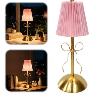 HOVCEH Tischlampe Kabellos Vintage, Nachttischlampe Touch Dimmbar, LED Tischleuchte Kabellos mit Schleife und Stoffschirm, Tischlampe Akku USB Aufladbar, Vintage Deko für Schlafzimmer, Zuhause, Rosa