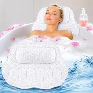 Badewannenkissen für die Wanne mit 6 leistungsstarken Saugnäpfen Weiß | Badewannenkissen für Kopf und Nacken mit weichem 3D-Mesh-Gewebe und 54 rutschfesten Saugnäpfen