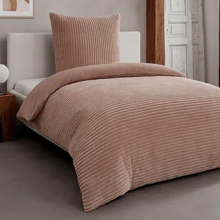 Heimtexland Winter Bettwäsche Cord kuschelig weich und warm Cashmere Touch Wende Bettbezug 80x80 I 155x220 Super Soft temperaturausgleichend atmungsaktiv Teddy Plüsch Kord Typ768 Taupe - Hellbraun