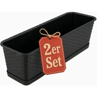 BigDean 2X Blumenkasten mit Untersetzer 80 cm lang Rattan-Optik anthrazit | Balkon Pflanzkasten schmal Balkonkasten - aus PP-Kunststoff - Wetterfest & Langlebig