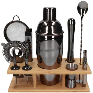 Whiskey Rocks 11-er Cocktail Set mit Bambusständer - Barkeeper Set mit Shaker Metall Cobbler, Messbecher 15/30ml, Sieb mit flachem Griff, Muddler, Barlöffel, Korkenzieher, Eiszange: Schwarz