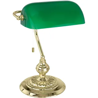 EGLO Tischlampe Banker, 1 flammige Tischleuchte Vintage, Retro, Art Deco, Klassik, Schreibtischlampe aus Stahl und Glas, Nachttischlampe, Bürolampe, Messing, Grün, Lampe mit Zug-Schalter, E27 Fassung