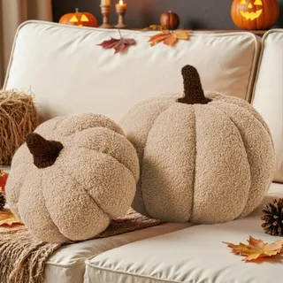 Lanpn 2 Stück Herbst kürbis Kissen, Halloween Deko Kürbis Dekokissen 3D Kürbisoptik Kürbiskissen für Sofa Couch Schlafzimmer Thanksgiving Herbst Dekoration (Beige, 32x22 cm & 23x18 cm)