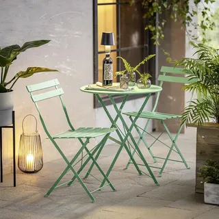 3 tlg. Bistroset "Green" aus Metall in grün, Outdoor Gartenmöbel-Set, Bistrotisch mit 2 Stühlen, Balkonmöbel klappbar, Terrassenmöbel wetterfest - Grün