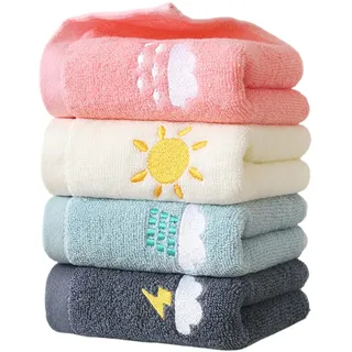 DAZZLUXE 4 Stück bestickte Handtücher, Kinderhandtücher, Gesichtstücher, Cartoon-Handtücher, Baumwoll-Gesichtstücher, Kinder-Badetuch-Set, weiche Baby-Badetücher (Rosa, Gelb, Grün, Dunkelgrau)