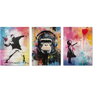 ARTFAVES® Poster Set - Colorful Banksy - mehrteilige Wanddeko Wohnzimmer, Schlafzimmer, Büro, Flur - 3 moderne Wandbilder Kunst, bunt, Street-Art, Urban, Graffiti - ohne Bilderrahmen