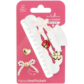 Goldene Haarklammer Damen mit Herz, Schleife & Blume - Invisibobble MyClaw Full of Charms perlmuttweiß - Haarspange Haarschmuck groß XXL elegant mit 5 Anhängern (Marienkäfer, Kleeblatt) - Größe L