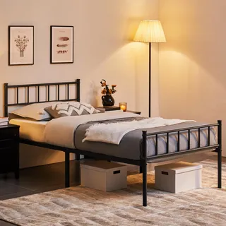 Yaheetech Metallbett, 90 x 200 cm Bettrahmen mit Kopfteil, Bettgestell | Einzelbett aus Metall, Gästebett mit Lattenrost für Schlafzimmer Gästezimmer, Schwarz