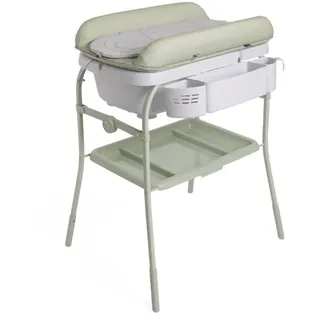 Chicco Cuddle & Bubble Ergonomische Babywanne mit Ständer und Wickeltisch mit Auflage und Weichem Reduzierkissen, Höhenverstellbar, Kompakte Schließung, max. 11 kg, Grau und grün