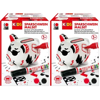 Marabu 0125000000100 - Kids Porcelain & Glas Painter, Sparschwein Malset, lustiges Porzellanschwein zum Bemalen und Verzieren mit Porzellanmalstiften für Kinder, Rot (Packung mit 2)