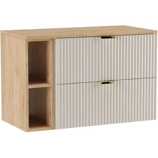 WENA Waschtischunterschrank 100 cm, geriffelte Fronten, Griffe aus Metall in der Farbe Gold (Farbe: Kaschmir, Eiche Regal und Holzplatte) - Beige