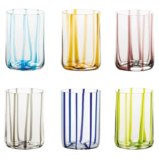 Zafferano Set aus 6 handgefertigten, farbigen Glasbechern, elegantes Design mit erhabenen Linien, verschiedene Farben, handwerkliche Qualität