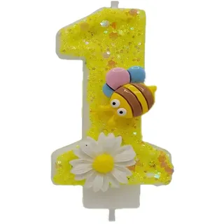 JchEnye Geburtstag Kerze Nummer 1, Geburtstag Dekoration 1 Jahr alt Junge Mädchen gelbe Kerze Geburtstag, Biene und Blume Kuchendekoration Geburtstag, personalisierte Geburtstagskerze