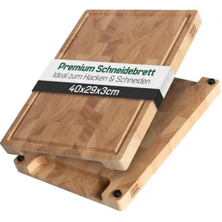MAKUMORI Premium Schneidebrett aus Massivholz, Stirnholz, End Grain 40x29x3cm - Aus Heveaholz -FSC®-zertifiziert, Standfüße, Saftrinne und große Griffmulden