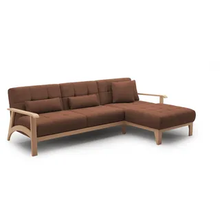 Cavadore Ecksofa Billan / Eckcouch im skandinavischen Design mit Longchair und massivem Holzgestell in Buche / 264 x 88 x 183 / Mehrfarbiger Strukturstoff, Rot-Braun