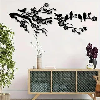 DUOOLN Metall Vögel Wanddekoration Ästen Blätter Silhouette hängenden Kunst | Vogel auf einem Zweige Ornament- Dekorative Gemälde für Innen Außenbereiche Garten Terrasse Schlafzimmer -Schwarz,70x27cm