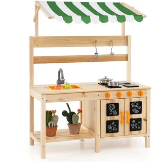 Costway Kinderküche Outdoor Natur , Naturfarben , Holz , 39x117x88 cm , Spielzeug, Kinderküchen