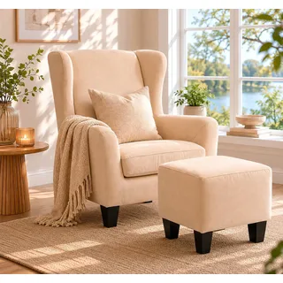 Ohrensessel HOME AFFAIRE "Chilly, Sessel mit Hocker", beige (creme), B:84cm H:101cm T:84cm, Microfaser PRIMABELLE (100% Polyester);Karo Stoff (60% Polyester/40% Baumwolle);Velvet (100% Polyester);Luxus-Microfaser in Teddy Optik (100% Polyester), Sessel, Ohrensessel, in Cord und Microfaser-Bezug, Unser Dauertiefpreis