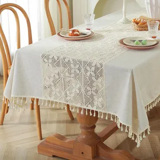 meioro Gehäkelte Tischdecke, 140x140cm Rechteckig Tischdecken, Spitze Boho Tischtuch Modern Beige Hochzeit Tischwäsche, Vintage Tassel Tafeldecke für Küche Essen Drinnen Urlaub Party Tischdeko