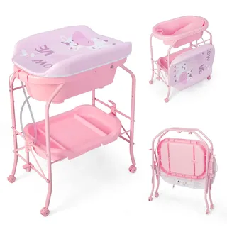 COSTWAY 4 in 1 Wickeltisch klappbar mit Badewanne, tragbare Wickelkommode mit Wickelauflage, mobile Wickelstation mit Universalrädern für 0-12 Monate Baby, bis 35 kg belastbar (Rosa)