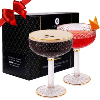 Vemacity Luxus Coupe Cocktailgläser Set | 2 Geprägte Champagner & Cocktail Gläser mit Gold Rändern & Rezept E-Book | MartiniGläser | Perfekt Cocktail Glas für Espresso Martini | Coktailgläser- set