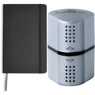 Amazon Basics Notizbuch, klassisches Design, Größe, liniert, Schwarz & Faber-Castell 183800 - Dosenspitzer Grip 2001, 3in1, Anspitzer mit Behälter für Blei- und Buntstifte