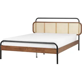 BELIANI Holzbett Dunkelbraun u. Schwarz aus Gummibaumholz Metall 140 x 200 cm mit Wiener Geflecht Kopfteil Lattenrost Modernes Design für Schlafzimmer - Braun, Schwarz