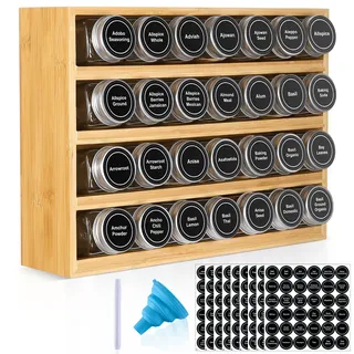 Bambus Gewürzregal Organizer mit 28 Gewürzdosen, 780 Etiketten, 4 Ebenen, Kreidemarker und Trichter, für Schubladen, Schränke, Arbeitsplatten und Wandmontage, leere 4-Unzen-Glasdosen & Shaker-Deckel