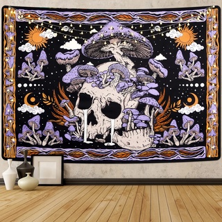 Yugarlibi Totenkopf Wandteppich lila Pilz Wandbehang Skelett Wandteppiche Mond Sonne Wandtuch Wandkunst für Schlafzimmer Wohnzimmer, Lila 150x130cm