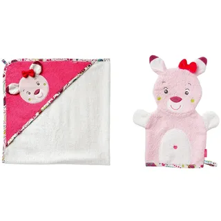 Fehn Badetuch Baby Sweetheart - Badehandtuch Kinder Poncho aus Baumwolle & Waschlappen Rehkitz - Waschhandschuh mit Tiermotiv