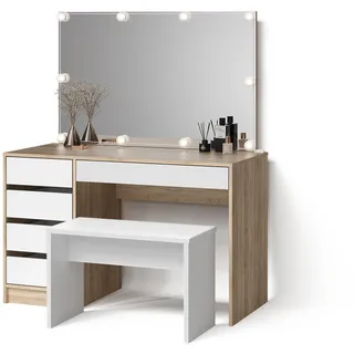 Livinity® Schminktisch Imola Sonoma/Weiß mit LED Beleuchtung und Bank , Sonoma Eiche , Holzwerkstoff , 5 Fächer , 5 Schubladen , Rechteckig , 120x75x55 cm , Schlafzimmer, Schminktische