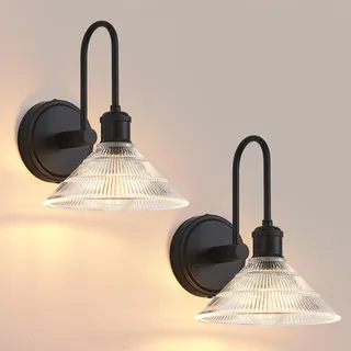 Wandleuchten 2er-Set, schwarze Wandleuchten Wanddeko mit Glaslampenschirm | Moderne Wandleuchten für Schlafzimmer Wohnzimmer Flur, festverdrahtet mit rundem klarem Glasschirm, 2 LED-Lampen inklusive