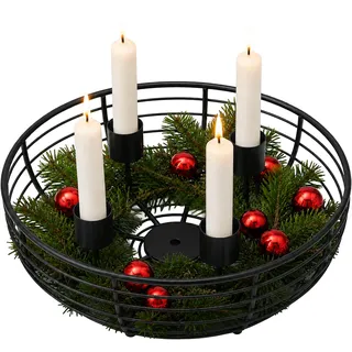 Relaxdays Adventskranz Drahtgeflecht, 4 Kerzenhalter, Metallschale, schwarz | Metall, HxD: 6 x 20,5 cm, moderne Adventsdekoration, Weihnachtskranz rund