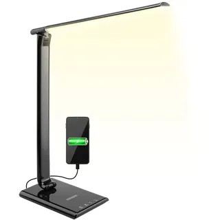 Monzana LED Schreibtischlampe USB Anschluss 3 Farb- 5 Helligkeitsstufen Touch Dimmbar Warmweiß Tischlampe Büro Nachttischlampe Warmes Licht Schwarz