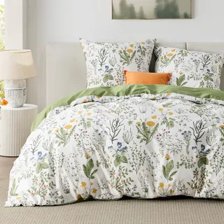 BEDSURE Bettwäsche 155x220 Baumwolle Grün - Bettwäsche-Sets 155 x 220 cm Bettbezug 3teilig mit 2 Kissenbezüge 80x80 cm, Wendebettwäsche Bedding Salbeigrün Blumen Muster mit Reißverschluss