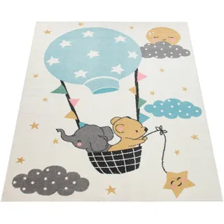 Paco Home Kinderteppich Kurzflor, Motiv Wolken, Sterne & Tiere, Kinderzimmer, Elefant, Bär, Balon, Mond, in beige