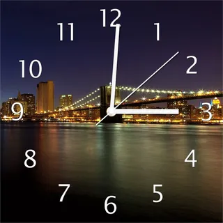 Wallario Design Wanduhr New York Skyline - Brooklyn Bridge und Manhattan am Abend aus Echtglas, Größe 30 x 30 cm - Schwarz