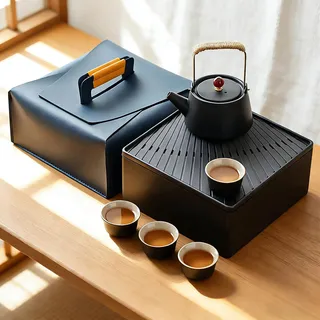 Chinesisches Japanisches Teekanne, 7-in-1 Gongfu Teeset mit 40ml Teetassen für 4, 3L Wasserauffang Teetablett und Reisetasche, Kung-Fu Teezeremonie Set, Tragbares Keramik Teeservice für Zuhause Reisen