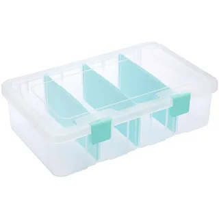 OGANAZI Plastik Box mit Deckel Transparent Aufbewahrungsbox 33,8x20,6x8,6cm | Schreibwaren Organizer mit Tragegriff und 3 herausnehmbaren Fächern Wasserdicht Behälter für Schreibtisch Klappdeckel