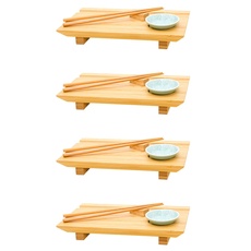 DuneDesign Sushi Geschirr Set 4 Personen - 27x16x4 Sushi Brett Bambus Bank Geschirr Komplettset Sushi Teller Sushi Servierplatte Holz Serving Board Bambus Holzplatte Sushi Zubehör Servierteller Holz