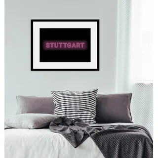Bild QUEENCE "STUTTGART LIGHTS", schwarz (farbe rahmen: schwarz, farbe bild(er): schwarz, grün), B:40cm H:30cm, Acrylglas, Holz, Papier, Bilder, Bild, HD Premium Poster-Druck inkl. Holzrahmen