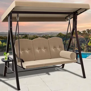YITAHOME Hollywoodschaukel, 3-Sitzer Gartenschaukel mit Liegefunktion mit Verstellbarem Baldachin und Abnehmbarem Kissen, Geeignet für Erwachsene im Garten, Pool, Balkon, Khaki