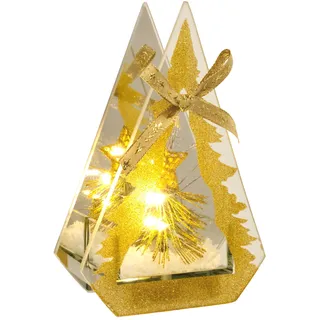 I.GE.A. LED-Dekofigur "Dekoobjekt aus Glas mit LED Licht" Mit Tannenbaum Kunstschnee Deko Weihnachten Weihnachtsdeko Dekoration, gold