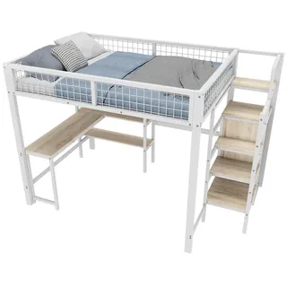 Gisaae Hochbett 140x200 Eisenbett mit Schreibtisch Schrank Regalen Weiß , Metall , Schlafzimmer, Betten