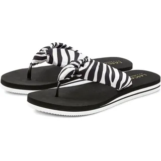 Badezehentrenner LASCANA "Sandale, Badeschuh, Pantolette, Badelatsche, Flip Flop, Sommerschuh", Damen, Gr. 42, schwarz-weiß (schwarz, weiß), Obermaterial: 100% Textilmaterial. Decksohle: 100% Synthetik. Futter: 100% Textilmaterial. Laufsohle: 100% Synthetik, gemustert, Basic, Schuhe Badezehentrenner, Zehentrenner ultraleicht mit softem Band VEGAN, Topseller