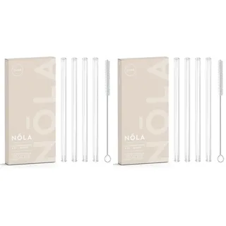 NOLA Premium Glastrinkhalme transparent, 4er-Set + Reinigungsbürste - 15 cm lang - Spülmaschinenfest, Spezialglas - für heiße & kalte Getränke, Tee, Cocktails, Smoothies, Säfte (Packung mit 2)