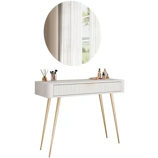 Lukmebel Schminktisch Scarlett mit rundem Led-Spiegel / Beige , Gold