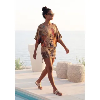 Longshirt BUFFALO, Damen, Gr. 36/38, orange (orange, bedruckt), Jersey, Obermaterial: 100% Viskose, Schlangenoptik, bedruckt, figurumspielend kurz, Rundhals, weit, Shirts Longshirt, mit Echsenprint, elastisches Strandkleid, Sommerkleid